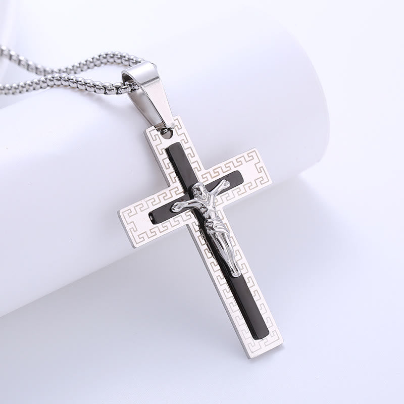Collar de Titanio con Dije Crucifijo de Triple Capa Estilo Retro