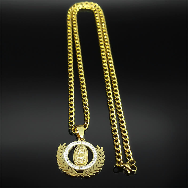 Collar con Dije de Rama de Olivo y Virgen de Guadalupe con Circonias Estilo Clásico