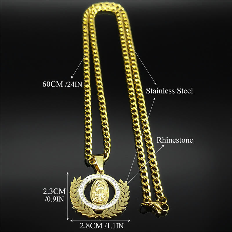 Collar con Dije de Rama de Olivo y Virgen de Guadalupe con Circonias Estilo Clásico