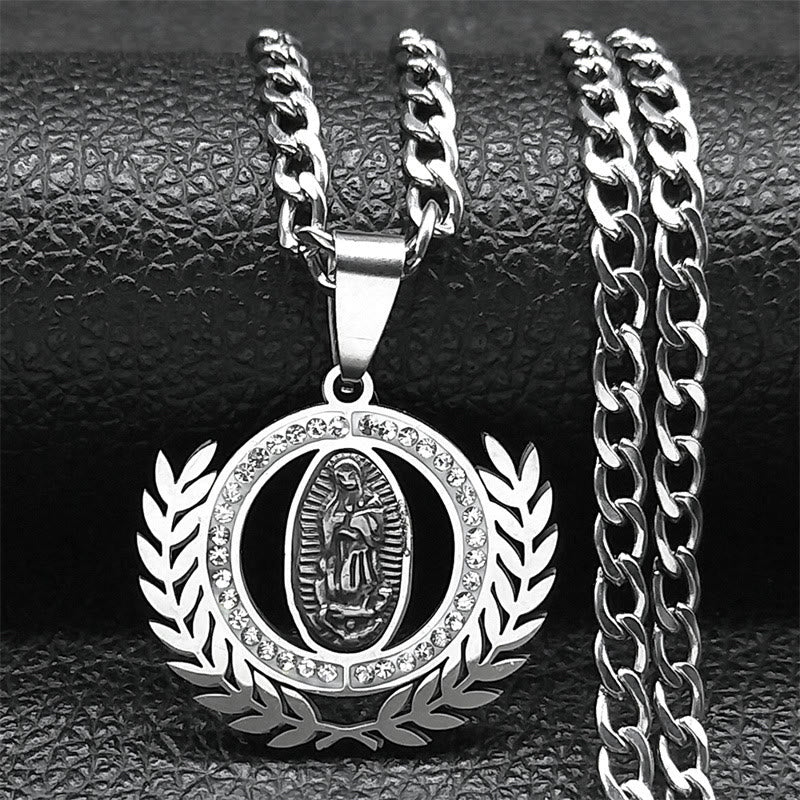 Collar con Dije de Rama de Olivo y Virgen de Guadalupe con Circonias Estilo Clásico