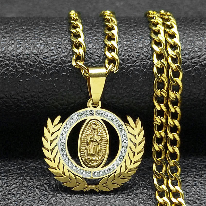Collar con Dije de Rama de Olivo y Virgen de Guadalupe con Circonias Estilo Clásico
