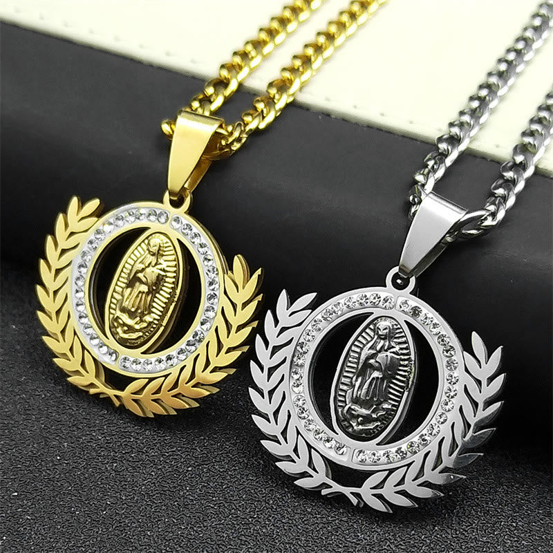 Collar con Dije de Rama de Olivo y Virgen de Guadalupe con Circonias Estilo Clásico
