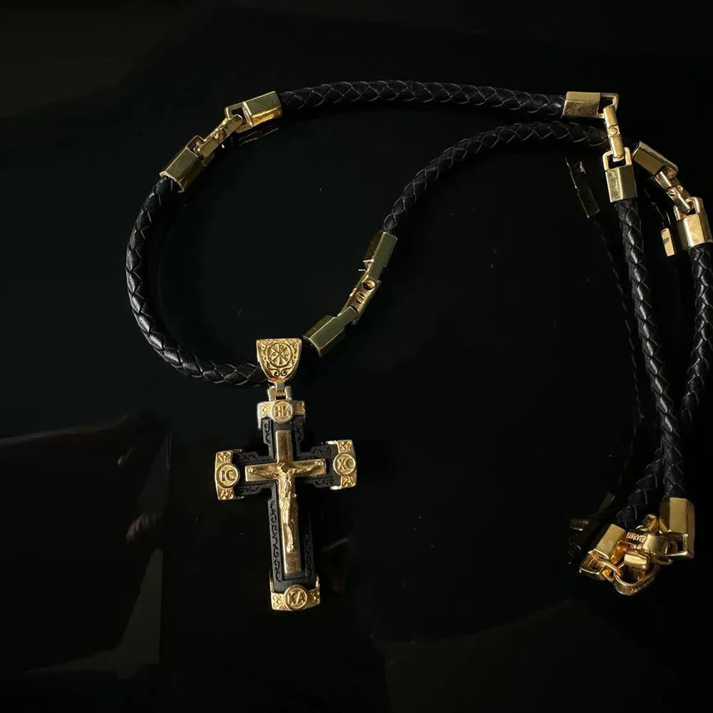 Collar con Dije de Aleación Negro y Oro Cruz Crucifijo de Jesús Estilo Lujo