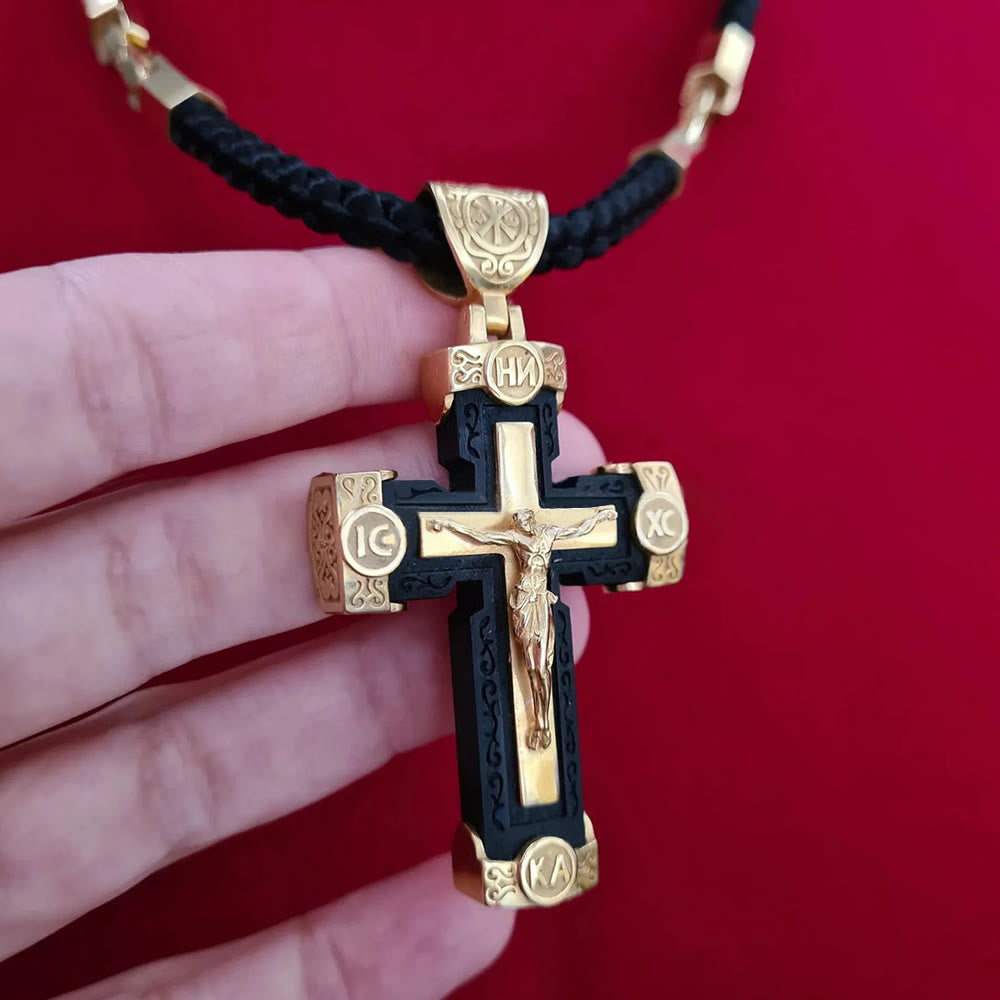 Collar con Dije de Aleación Negro y Oro Cruz Crucifijo de Jesús Estilo Lujo
