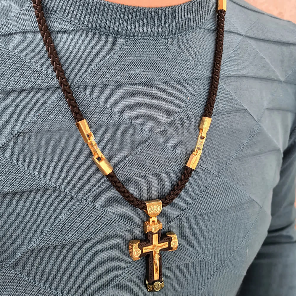 Collar con Dije de Aleación Negro y Oro Cruz Crucifijo de Jesús Estilo Lujo