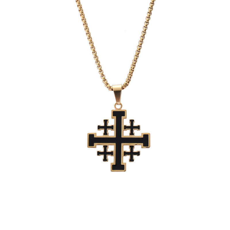 Collar de Acero de Titanio con Dije Cruz de Jerusalén Estilo Hip-Hop