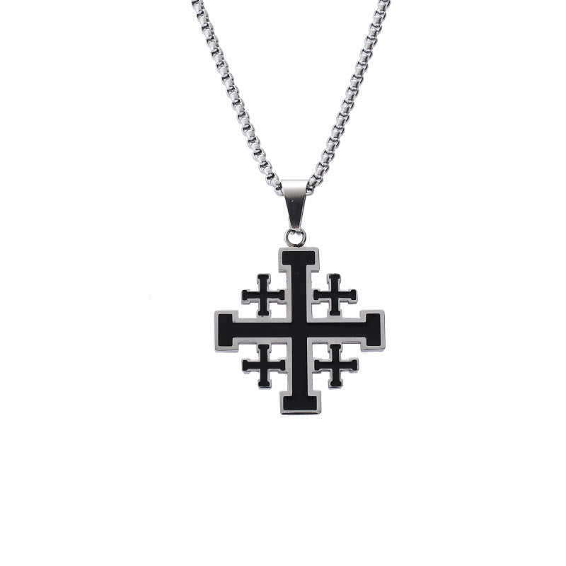 Collar de Acero de Titanio con Dije Cruz de Jerusalén Estilo Hip-Hop