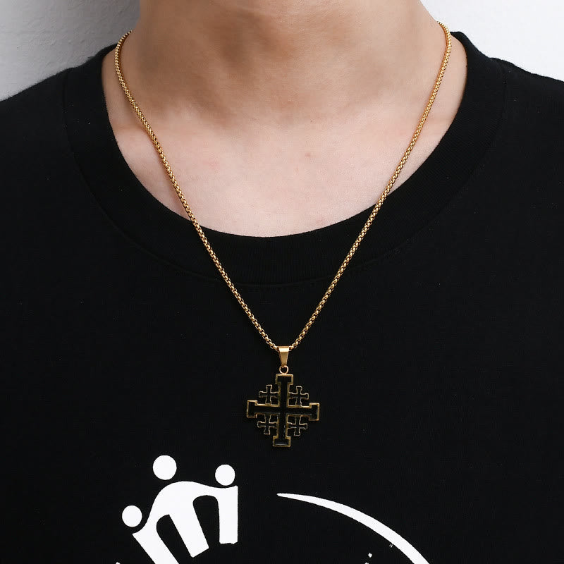 Collar de Acero de Titanio con Dije Cruz de Jerusalén Estilo Hip-Hop