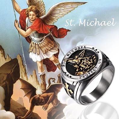 Anillo de Acero de Titanio San Miguel Arcángel Estilo Retro