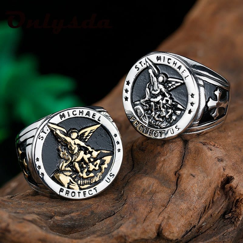 Anillo de Acero de Titanio San Miguel Arcángel Estilo Retro