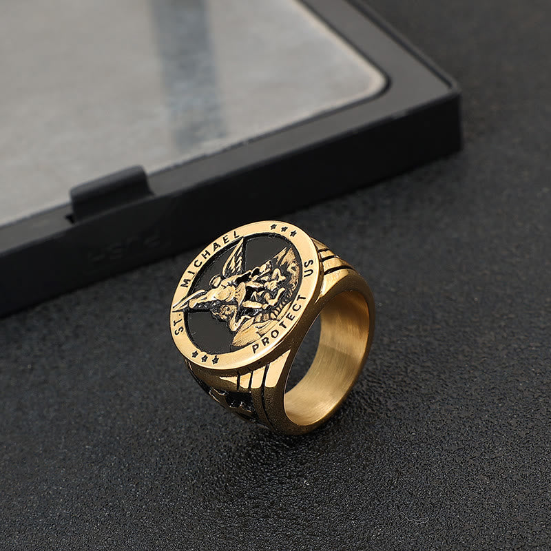 Anillo de Acero de Titanio San Miguel Arcángel Estilo Retro