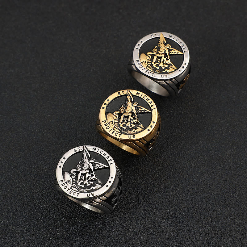 Anillo de Acero de Titanio San Miguel Arcángel Estilo Retro
