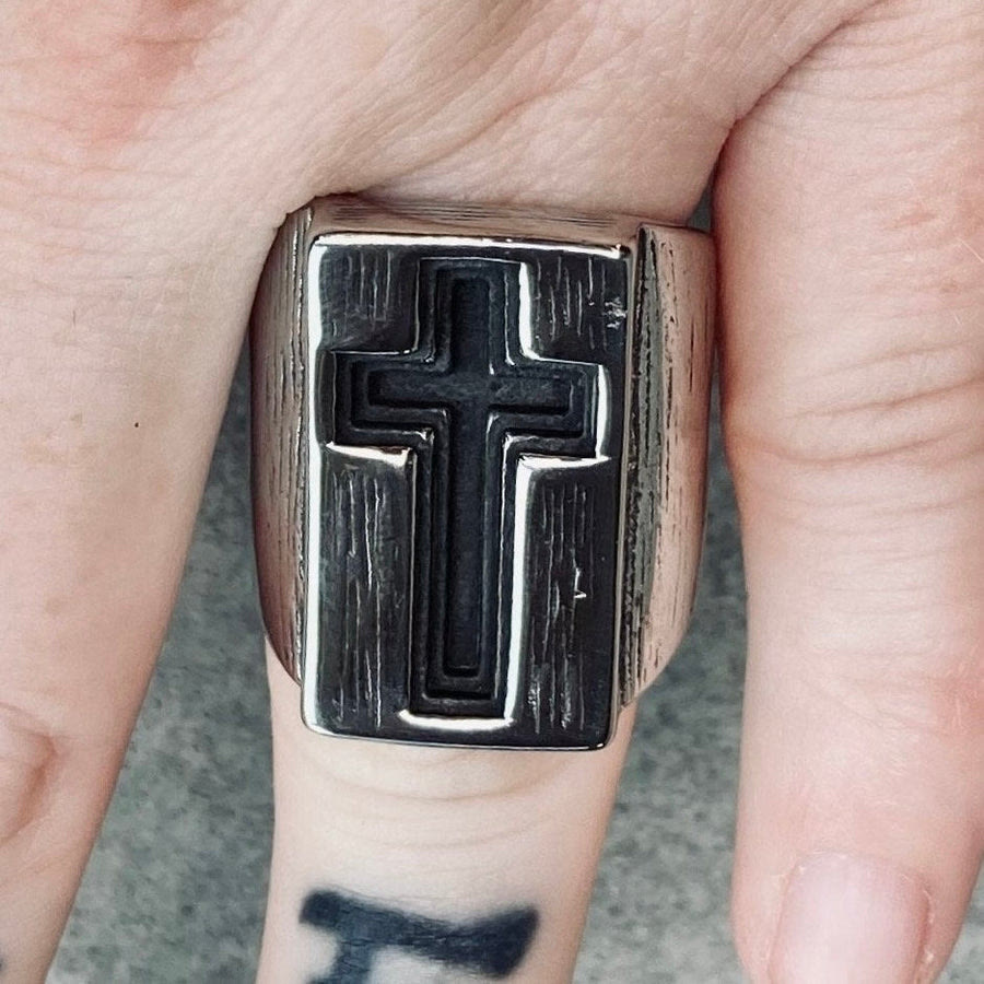 Anillo de Cruz de Costado Ancho Estilo Retro Minimalista