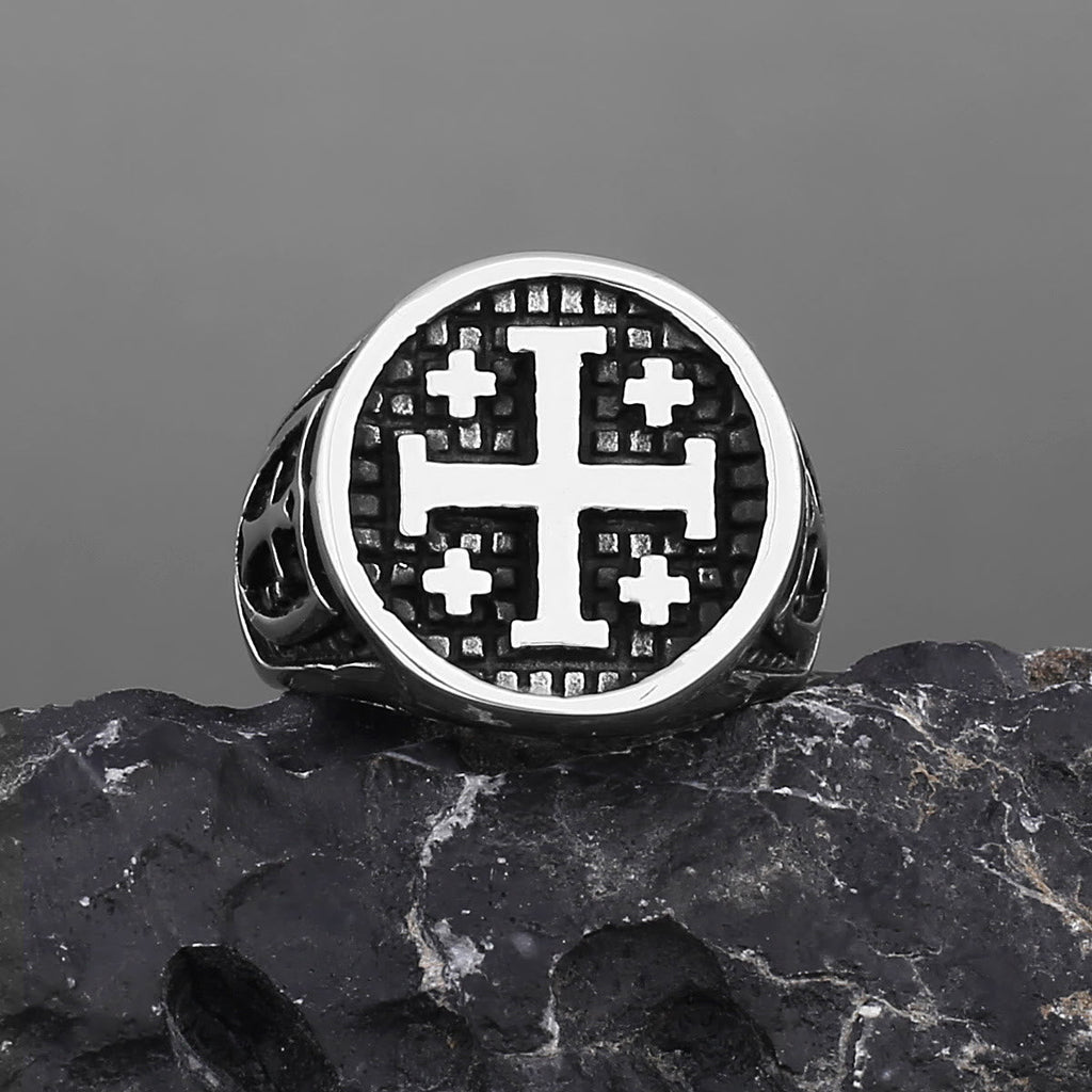 Anillo Cruz de Jerusalén Estilo Retro Minimalista
