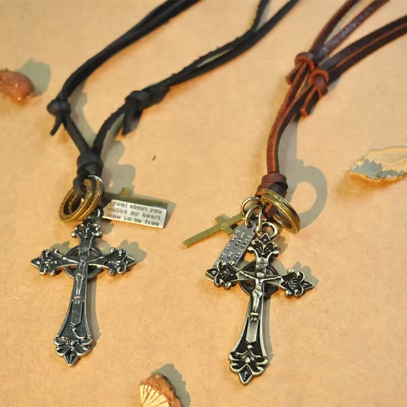 Collar de Cordón de Cuero con Dije Crucifijo Estilo Retro Clásico
