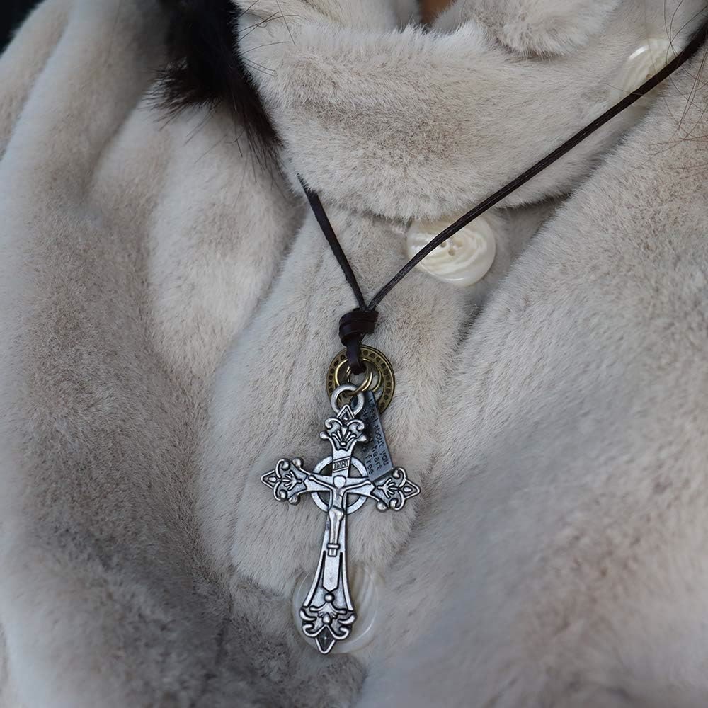 Collar de Cordón de Cuero con Dije Crucifijo Estilo Retro Clásico