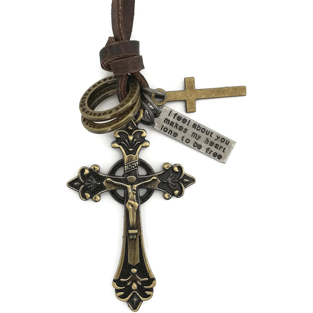 Collar de Cordón de Cuero con Dije Crucifijo Estilo Retro Clásico