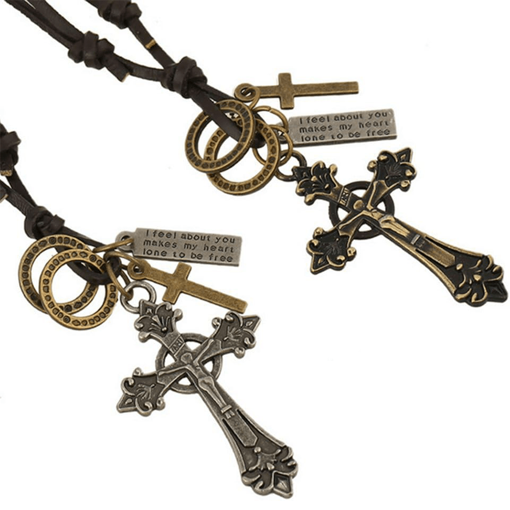 Collar de Cordón de Cuero con Dije Crucifijo Estilo Retro Clásico