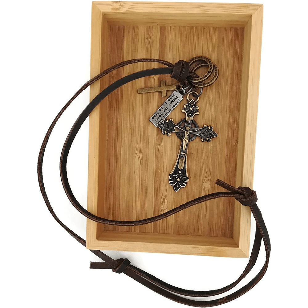 Collar de Cordón de Cuero con Dije Crucifijo Estilo Retro Clásico