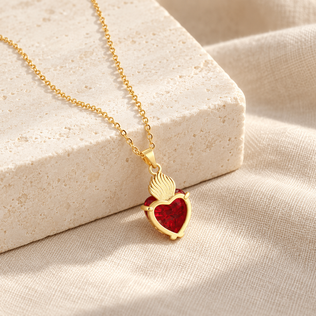 Modern Style Crafted Red Gemstones Sacred Heart of Jesus Pendant
