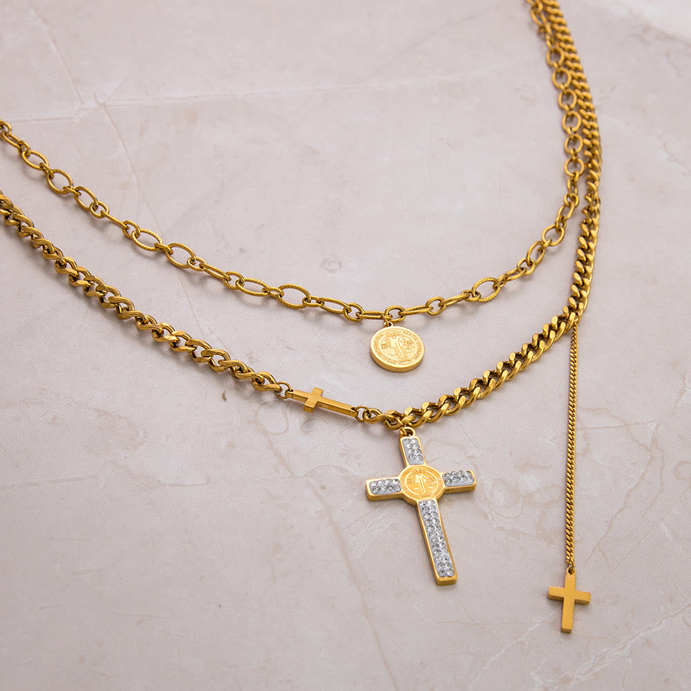 Collar de Cadena Mixta con Dije de Cruz de San Benito Estilo por Capas