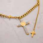 Collar de Cadena Mixta con Dije de Cruz de San Benito Estilo por Capas