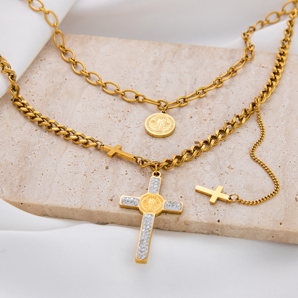 Collar de Cadena Mixta con Dije de Cruz de San Benito Estilo por Capas