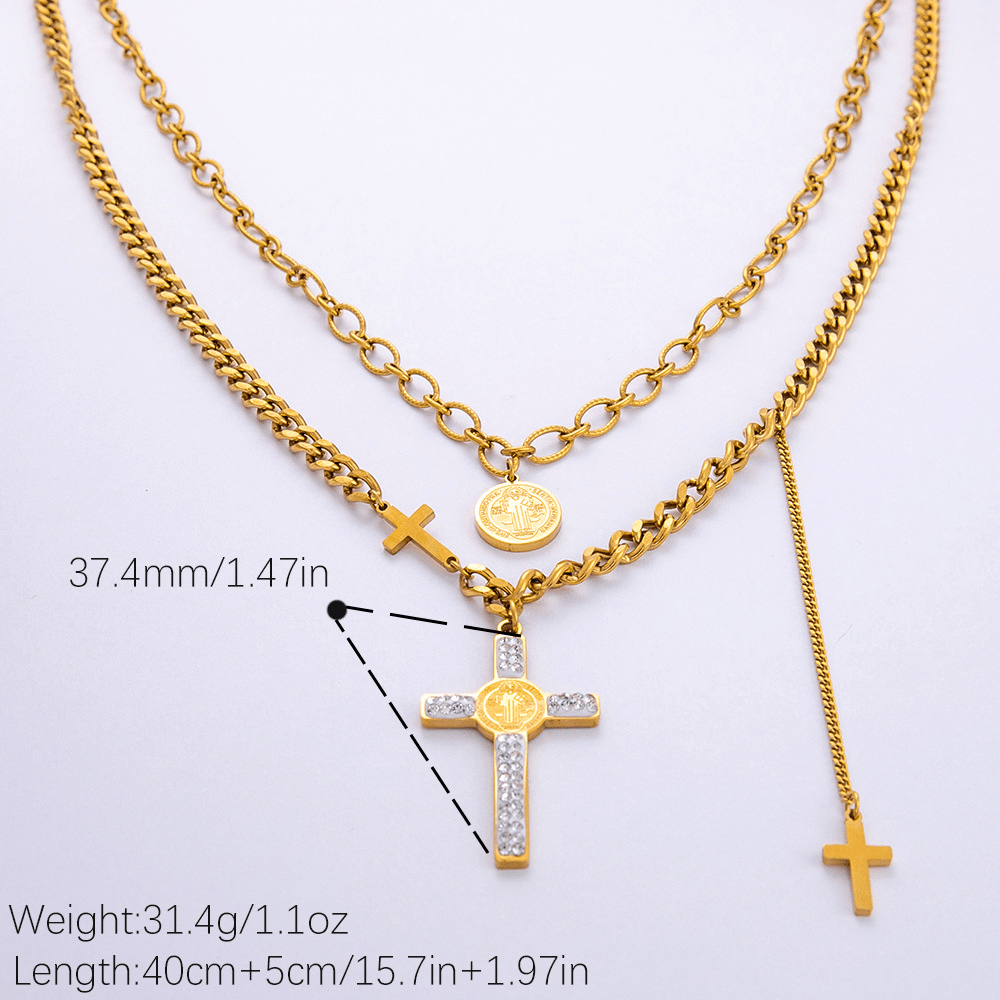 Collar de Cadena Mixta con Dije de Cruz de San Benito Estilo por Capas