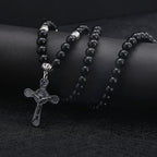 Collar con Dije Crucifijo de Cuentas de Piedra Negra Estilo Retro Noble