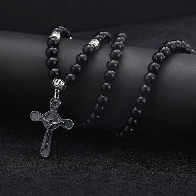 Collar con Dije Crucifijo de Cuentas de Piedra Negra Estilo Retro Noble