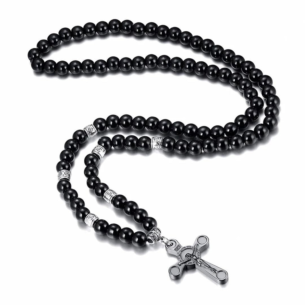 Collar con Dije Crucifijo de Cuentas de Piedra Negra Estilo Retro Noble