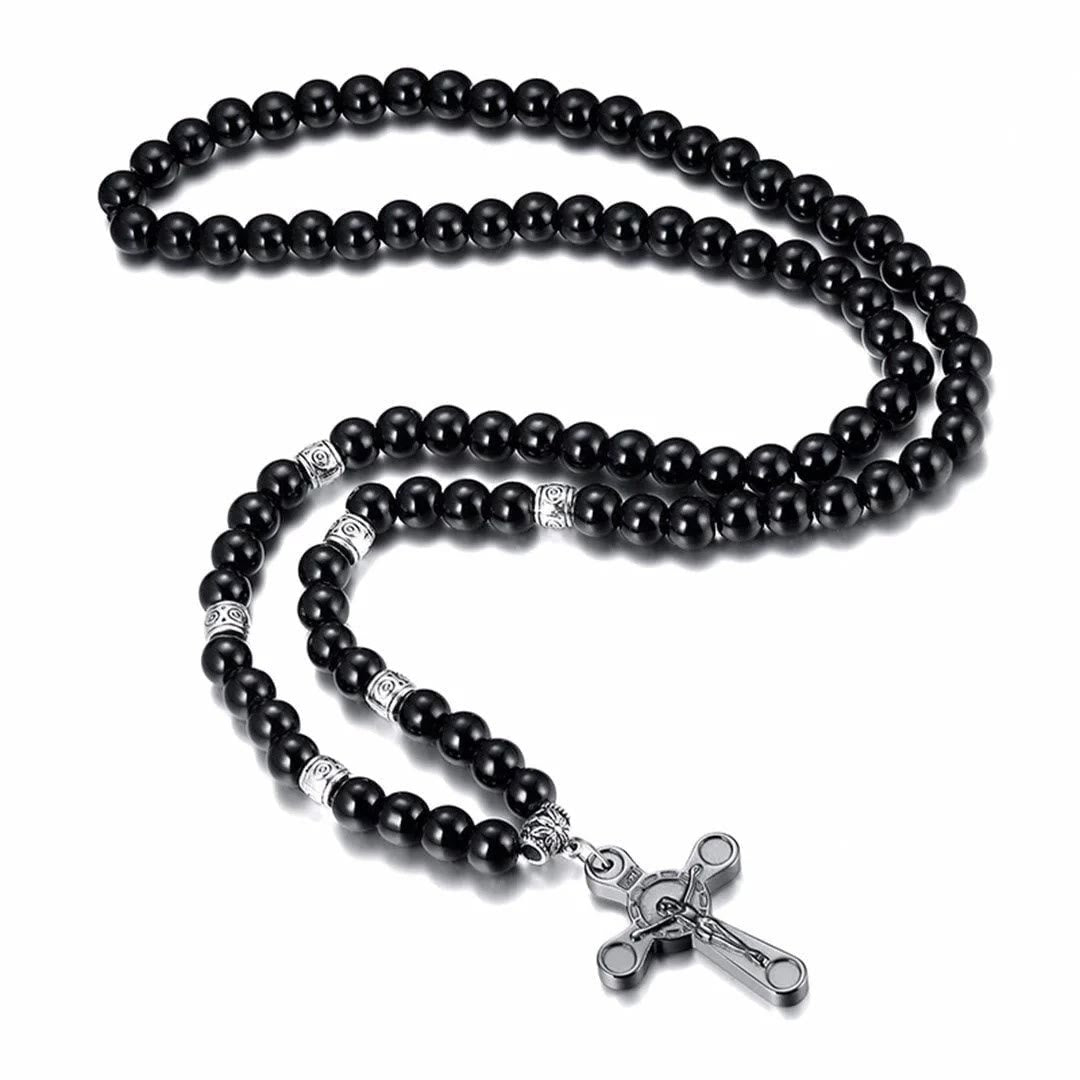 Collar con Dije Crucifijo de Cuentas de Piedra Negra Estilo Retro Noble