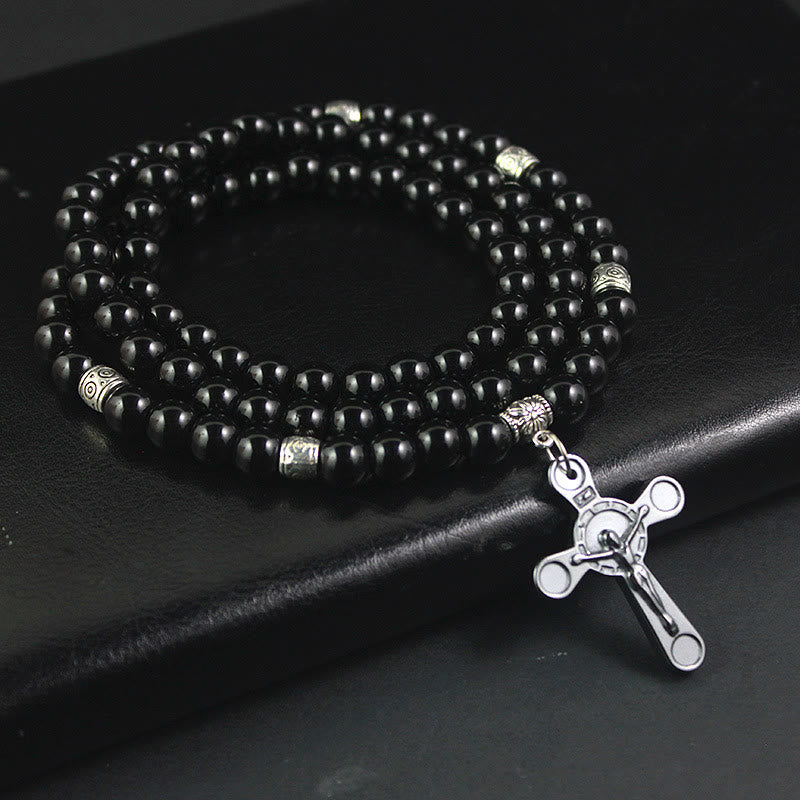 Collar con Dije Crucifijo de Cuentas de Piedra Negra Estilo Retro Noble