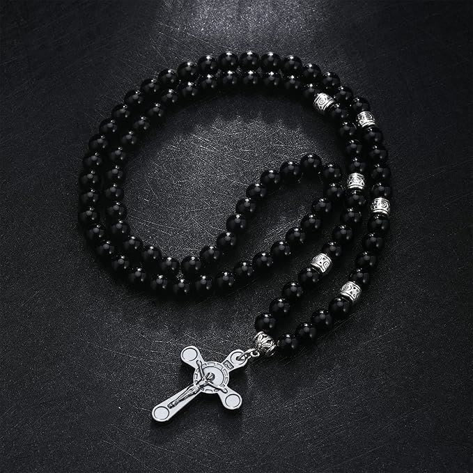 Collar con Dije Crucifijo de Cuentas de Piedra Negra Estilo Retro Noble
