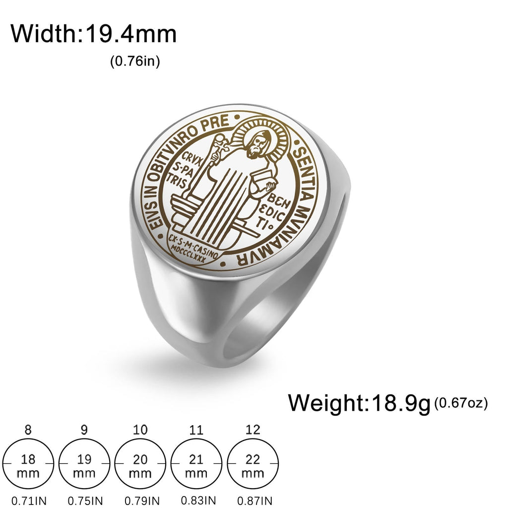 Anillo de Acero con Medalla de Exorcismo de San Benito Grabada Estilo Retro Pop