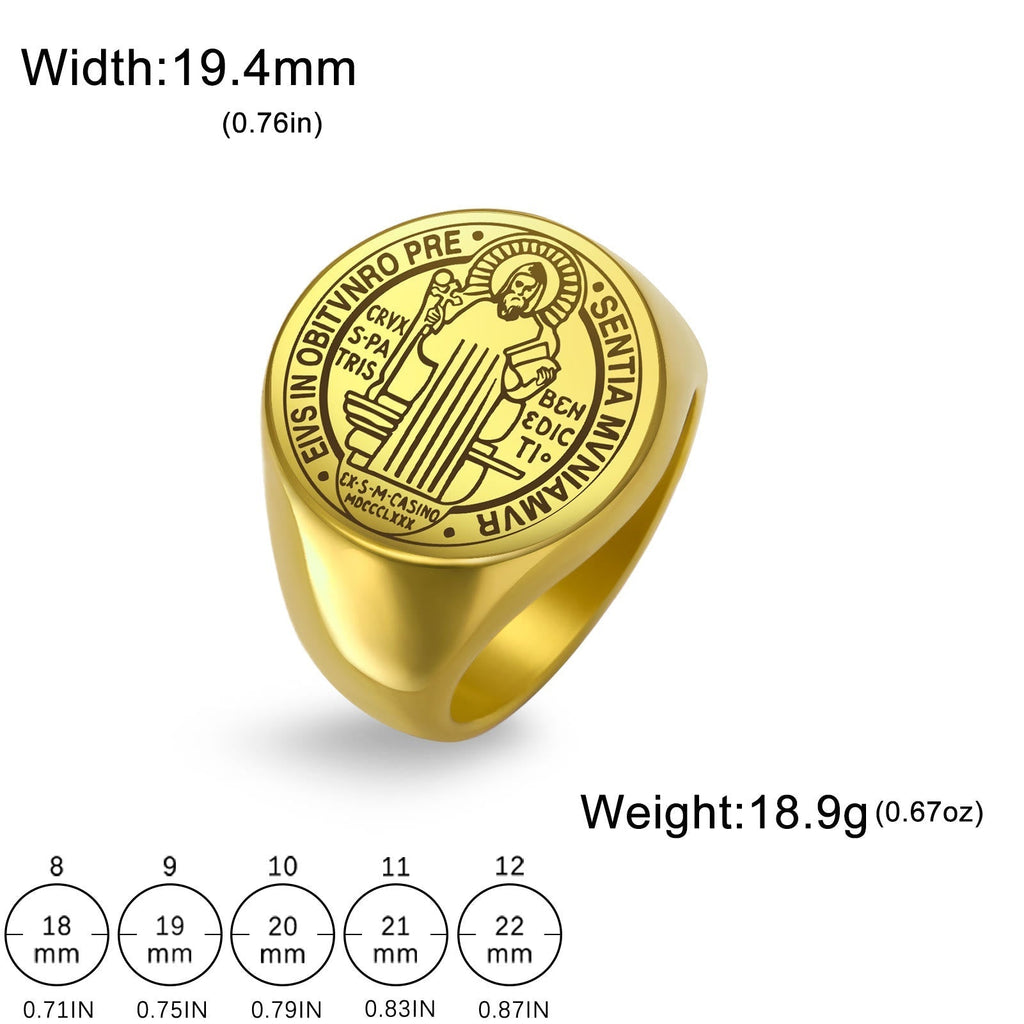 Anillo de Acero con Medalla de Exorcismo de San Benito Grabada Estilo Retro Pop