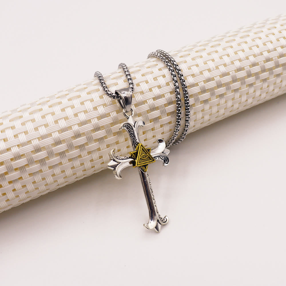 Collar con Dije de Cadena de Perlas Cuadrada Cruz del Ojo de Dios Estilo Sobrio