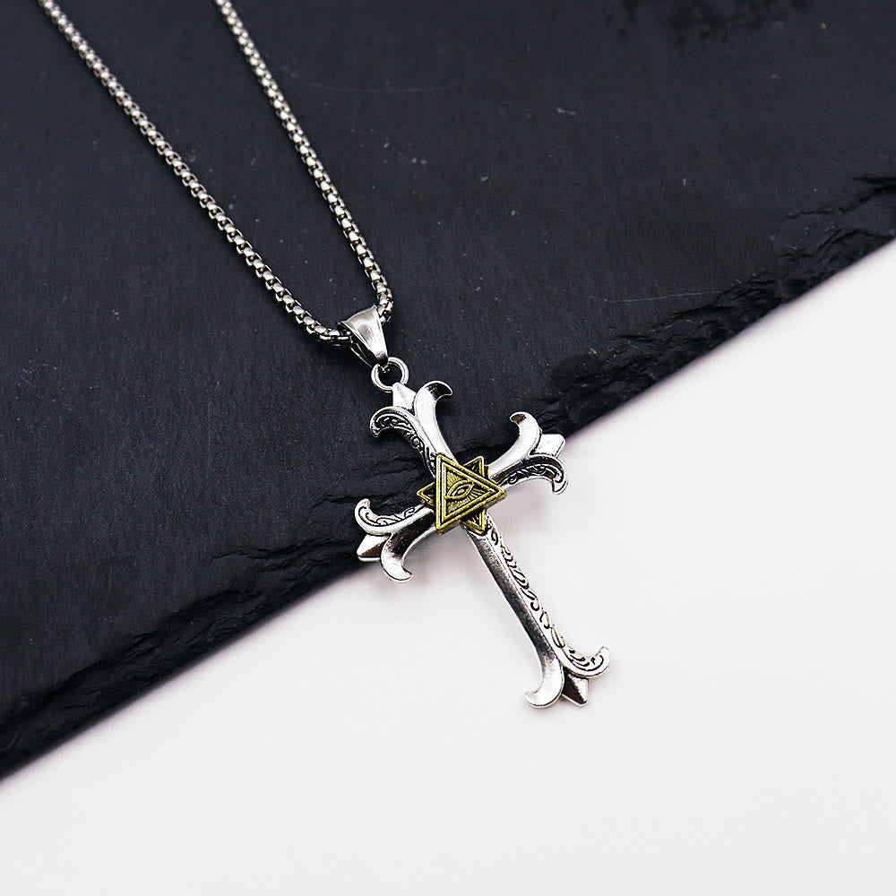 Collar con Dije de Cadena de Perlas Cuadrada Cruz del Ojo de Dios Estilo Sobrio