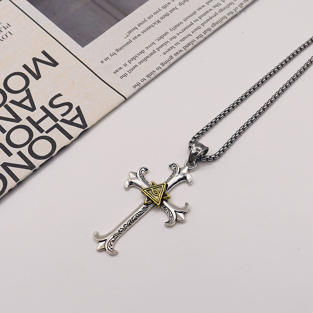 Collar con Dije de Cadena de Perlas Cuadrada Cruz del Ojo de Dios Estilo Sobrio