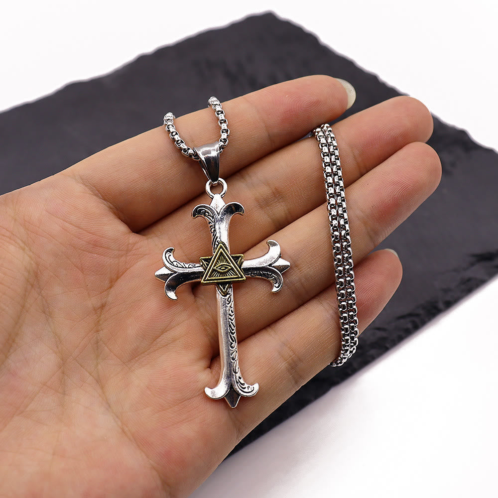 Collar con Dije de Cadena de Perlas Cuadrada Cruz del Ojo de Dios Estilo Sobrio