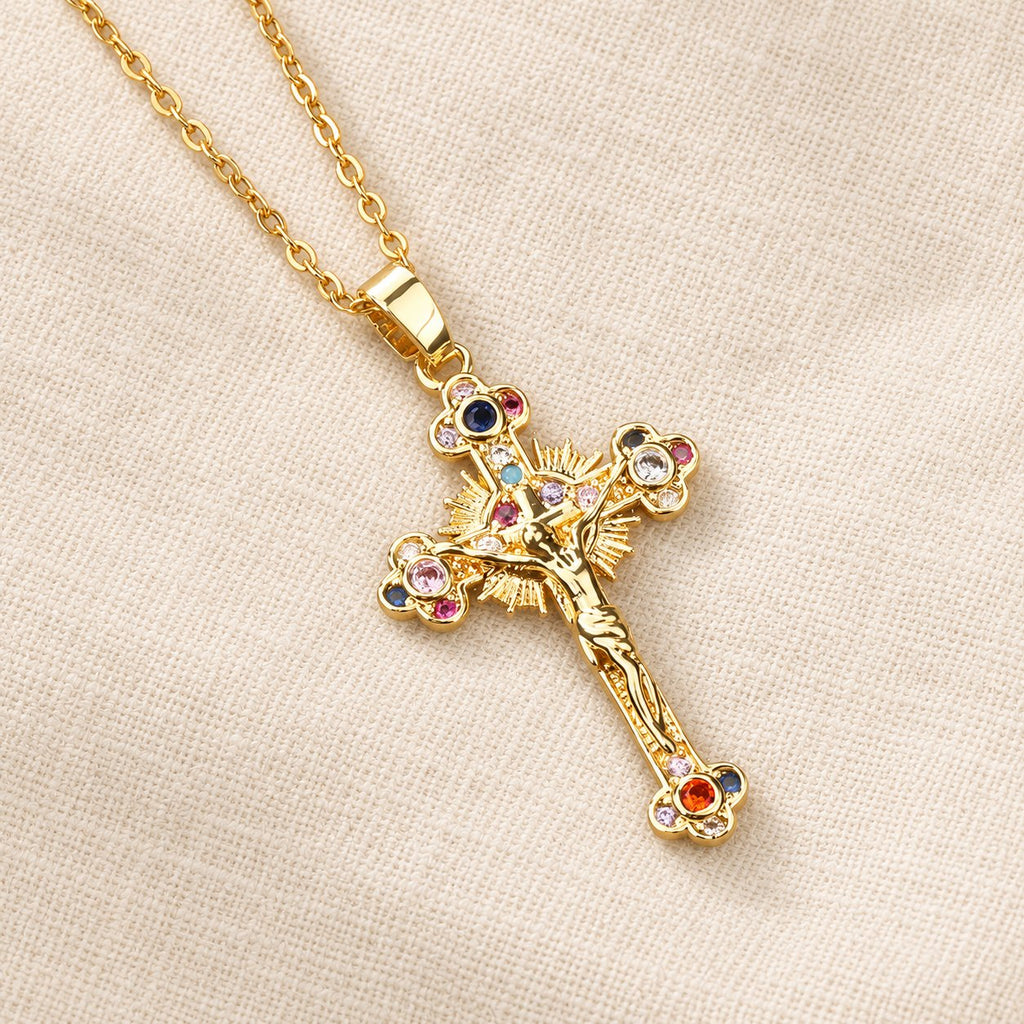 Fresh Pastoral Style Crucifix with Biblical Colorful Gemstones Pendant