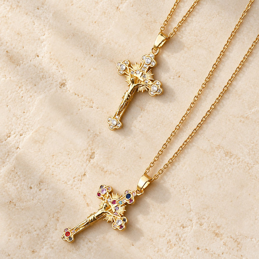 Fresh Pastoral Style Crucifix with Biblical Colorful Gemstones Pendant