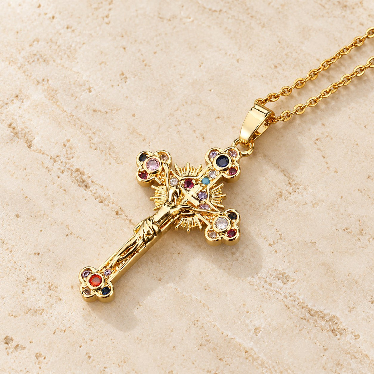 Fresh Pastoral Style Crucifix with Biblical Colorful Gemstones Pendant