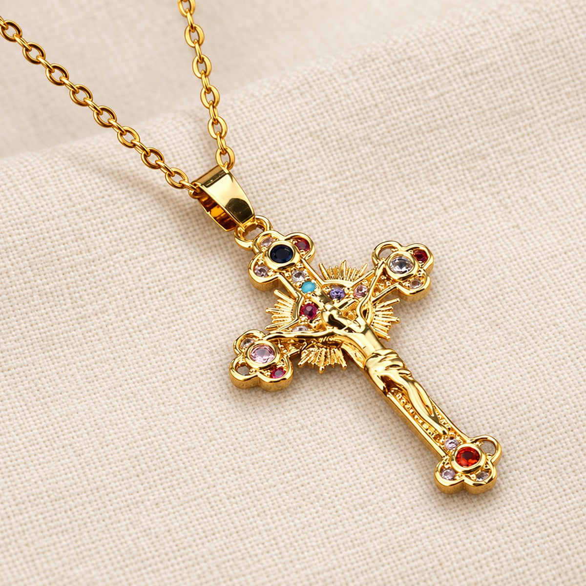 Fresh Pastoral Style Crucifix with Biblical Colorful Gemstones Pendant