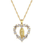 Collar con Dije de la Virgen de Guadalupe en Forma de Corazón con Gemas Estilo Lujo