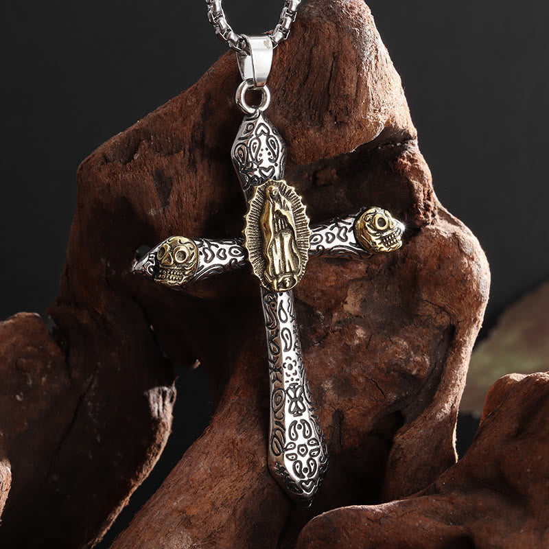 Collar con Dije Crucifijo Retro con Virgen de Guadalupe Estilo Clásico