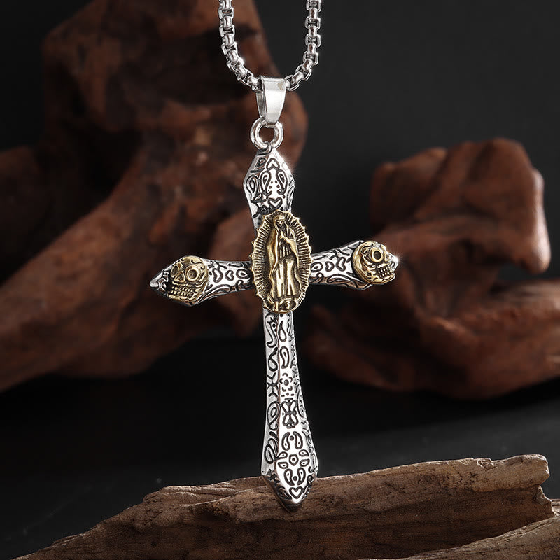 Collar con Dije Crucifijo Retro con Virgen de Guadalupe Estilo Clásico