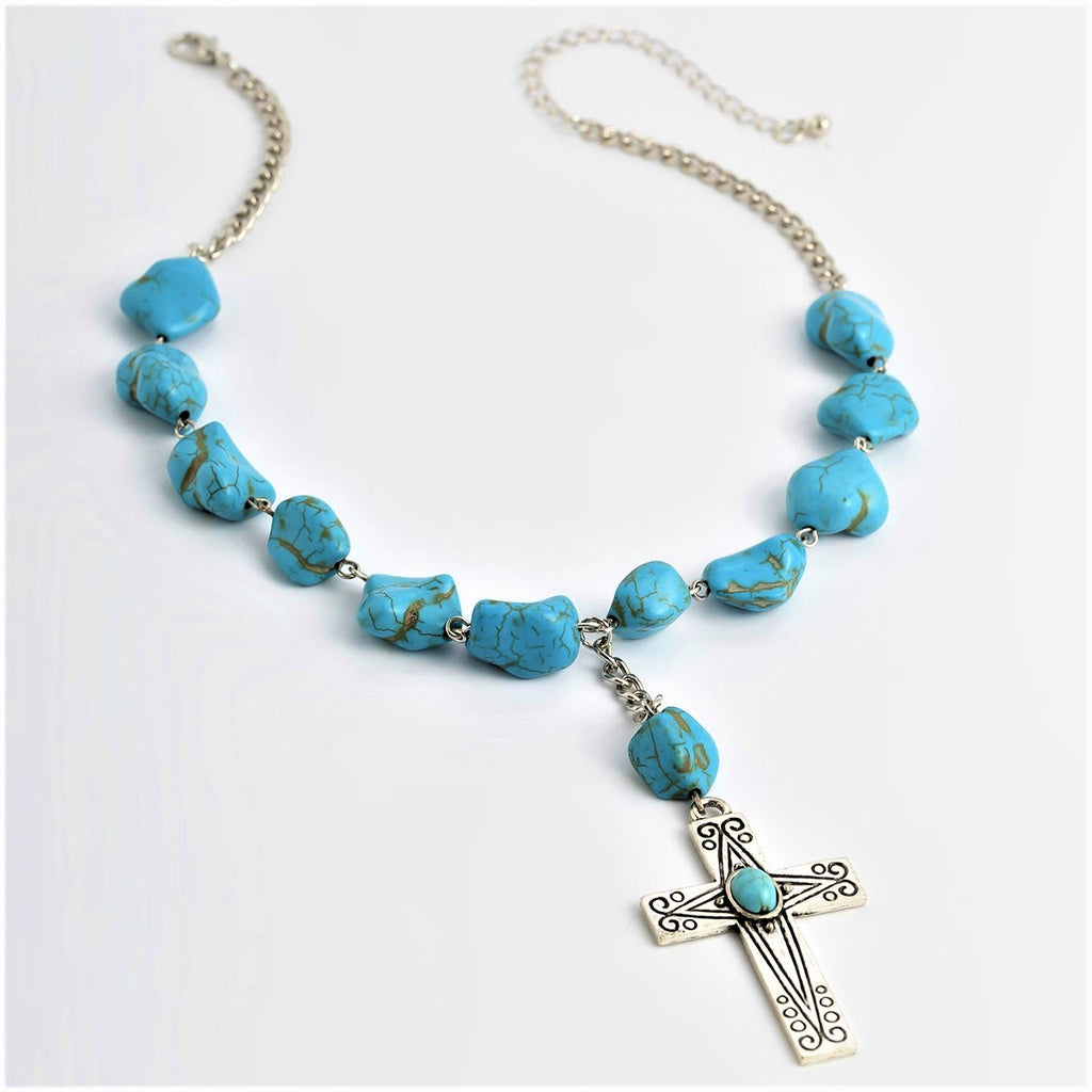 Collar con Dije de Cruz de Piedra Natural de Turquesa Estilo Retro