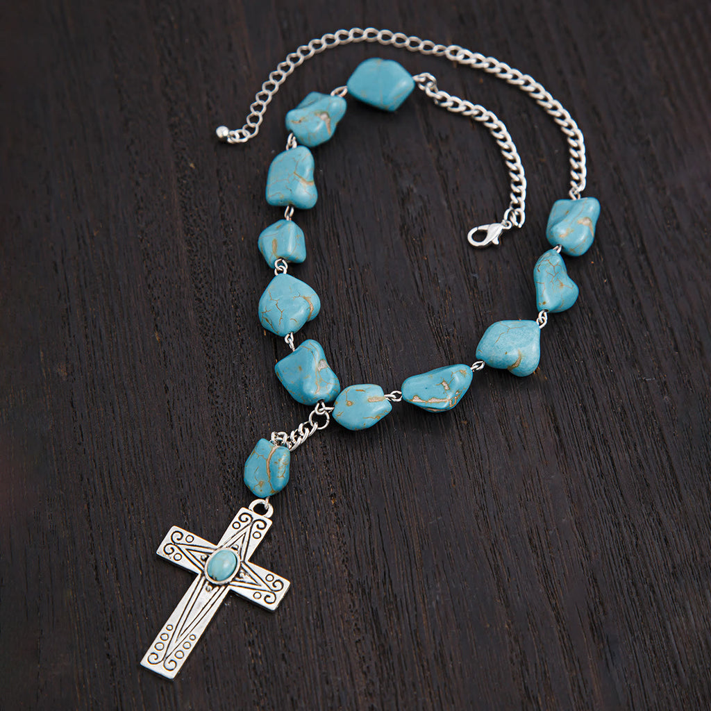 Collar con Dije de Cruz de Piedra Natural de Turquesa Estilo Retro