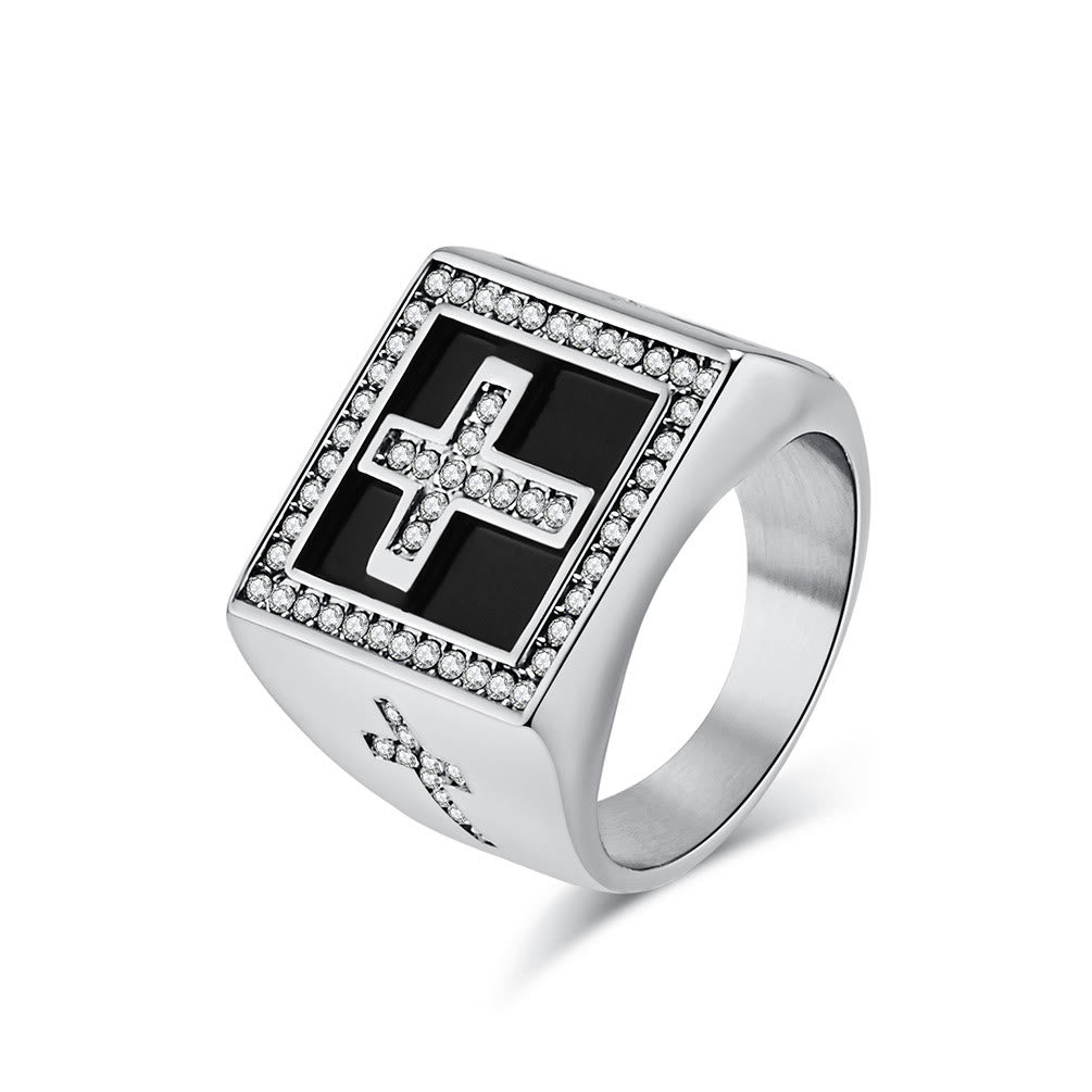 Anillo Cuadrado de Acero de Titanio con Cruz Estilo Retro Hip-Hop
